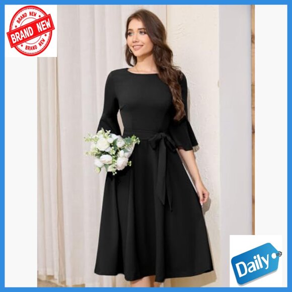 Midi Formal Dress Bell Sleeve Vintage Wedding Guest Church Cocktail - Picture 3 of 7